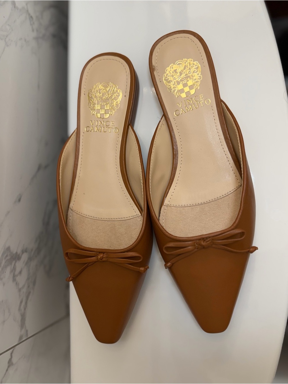 Vince Camuto Cognac Pointed-Toe Slip-On Mules with Bow
